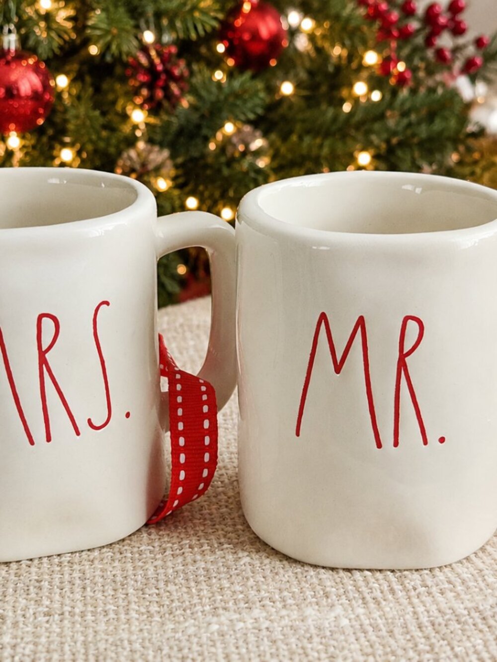 Rae Dunn Set Of 2 Espresso Cup Mr. & Mrs. Ornaments Small Mugs Red Ribbon
